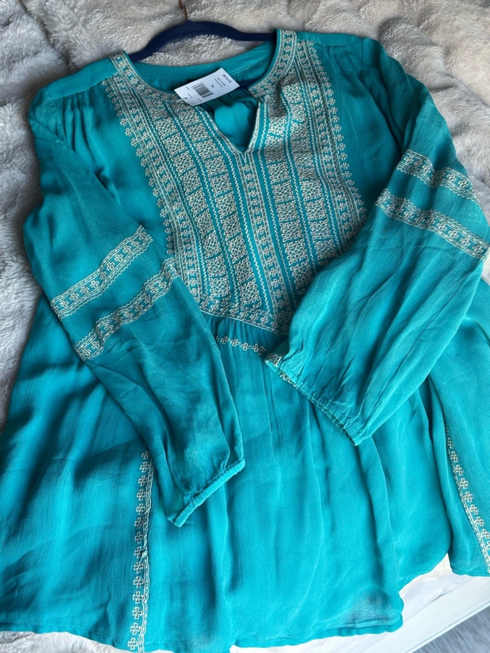 Tolani Embroidered Boho Peasant Tunic Top Teal XL NWT MSRP $175 - Picture 8 of 9